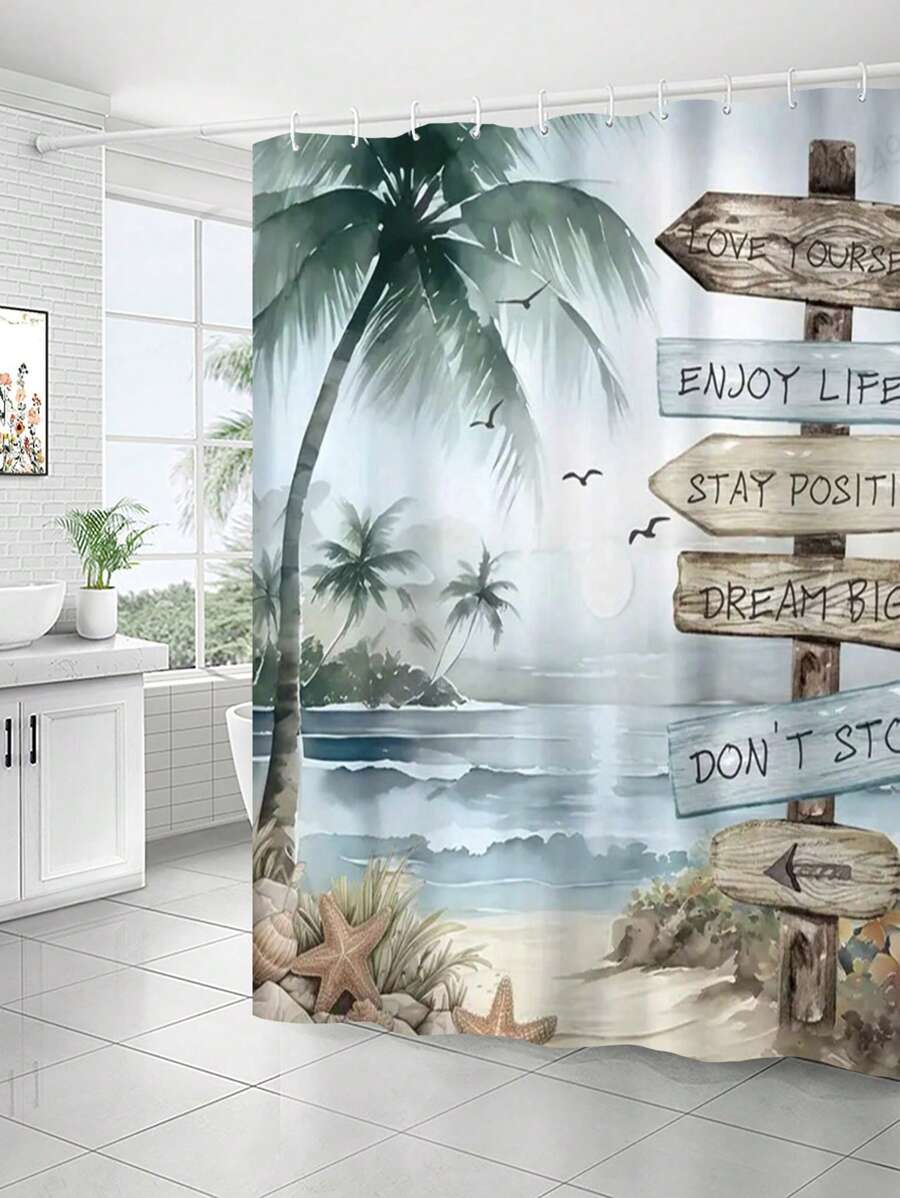 1pc - Polyester - Tropical Beach Palm Tree Shower Curtain Blue Ocean Quote Coast Sunset Scenery Inspirational Vintage Art Waterproof Shower Decor Accessory With 12 Plastic Hooks