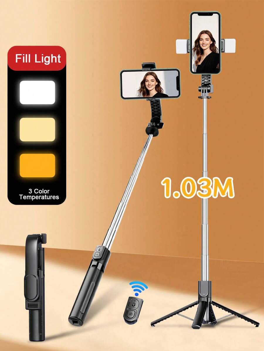 Palo de selfie inalámbrico Bluetooth de 1,03 m, rotación de 360°, acero inoxidable antivibración, compatible con iPhone 16, 15, 14, 13, 12, 11e/Max/Pro/Xs/Xr/X/Plus, compatible con Samsung Galaxy S25/S24/S23/S22 Ultra y otros teléfonos inteligentes Android, adecuado para autotrasmisión.