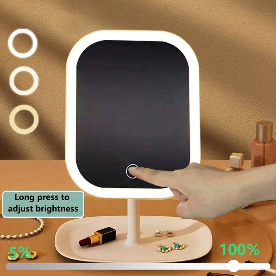 1pc Multi-Function LED Makeup Mirror, Rotating Mirror Face, With Storage Box To Hold Lipsticks & Cosmetics, 3-Color Light, Long Press To Adjust Brightness, LED Vanity Mirror, Mirror Light