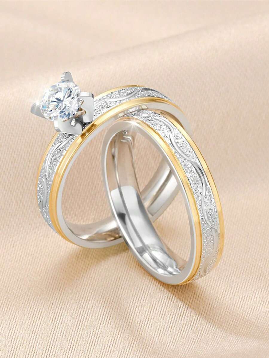 2pcs Stainless Steel Couple's Rings, Fashion Versatile Minimalist Bicolor Artificial Diamond Wedding Ring Set