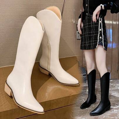 Teenage Western Cowboy Retro European & American Knight Boots, European & American Style 2025 Fashion Over-The-Knee Women's Boots With Side Zipper, Chunky Heel, Pointed Toe