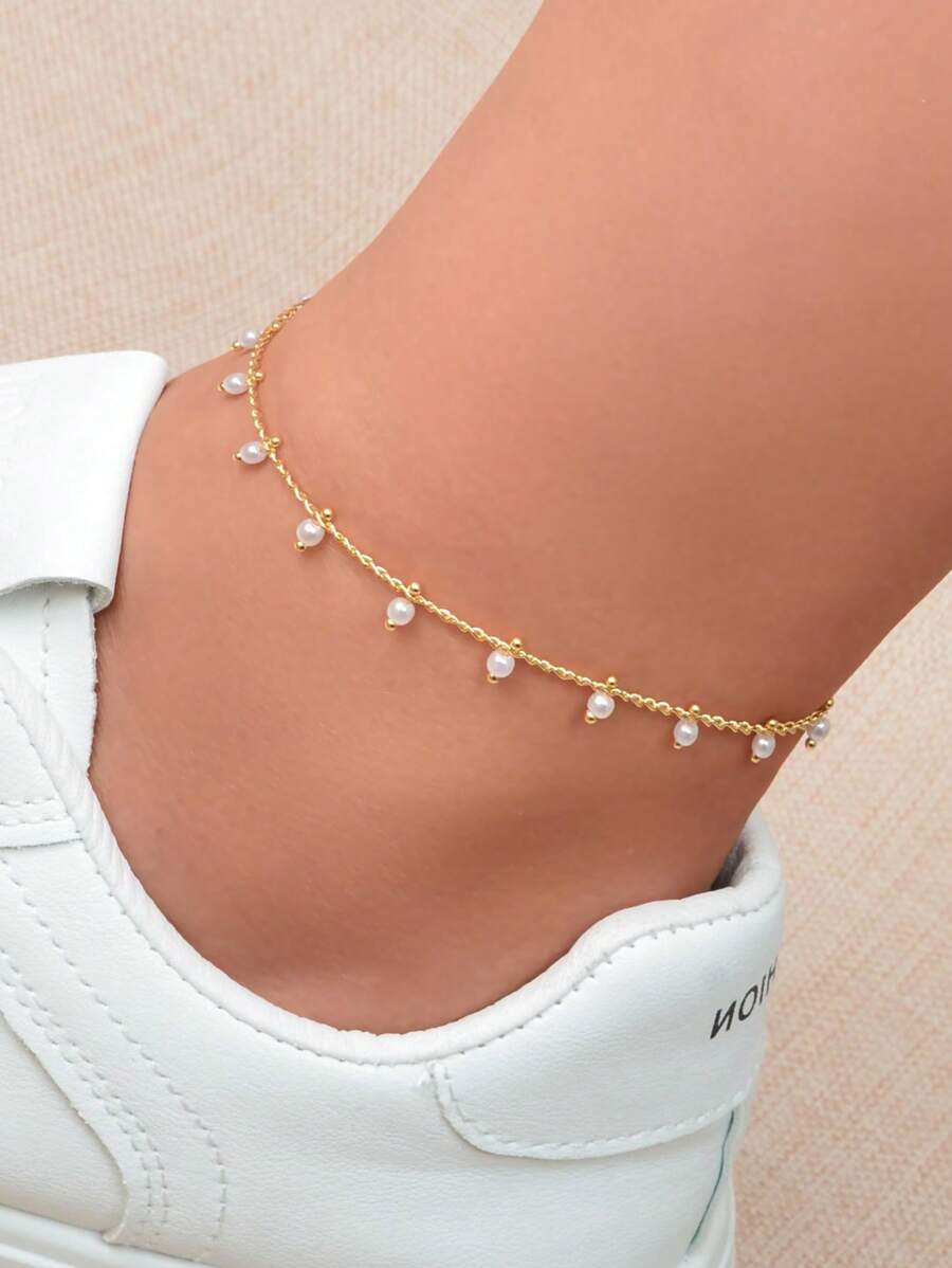 1pc Gold Color Pearl Beaded Anklet, Hand-Made Adjustable Chain Length, Women's Beach Foot Jewelry