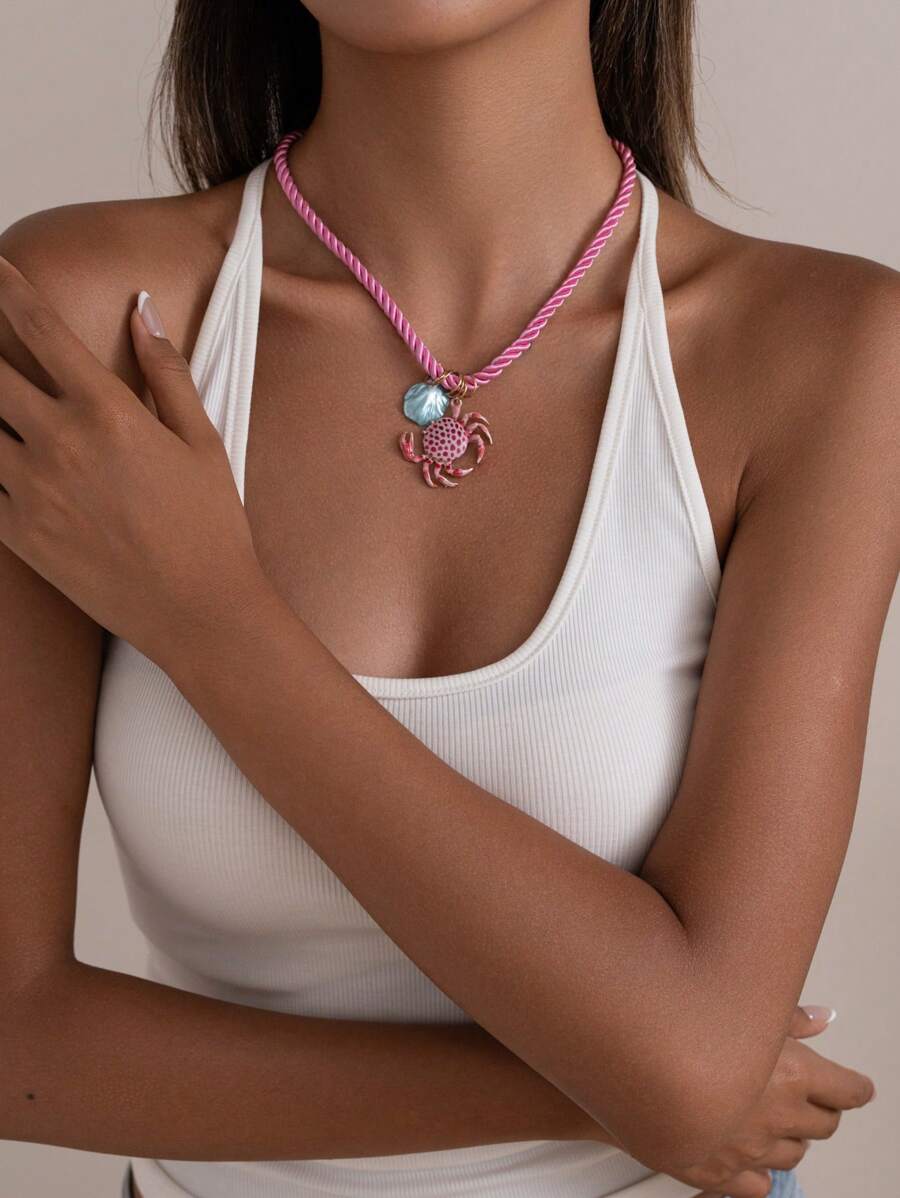 3 Stücke/1 Stück Boho Stil Halsketten Set für Frauen, Meereslebens-Charms mit Fisch, Sonne, Krabbenpendants an geflochtener Kette, mehrschichtige Gestaltung, modische Halskette für den Sommer