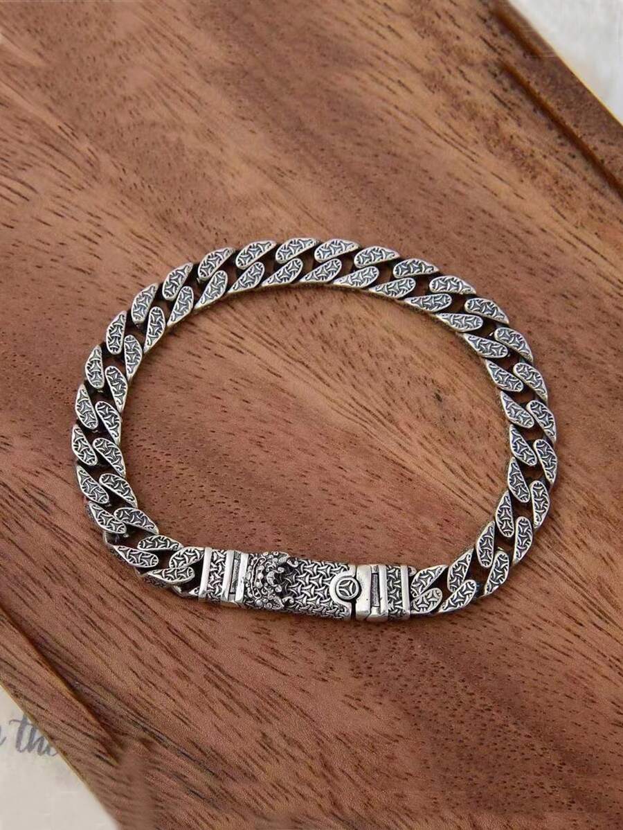 1pc Fashionable Vintage Tang Dynasty Lion Dance Mountain Pattern Charm Bracelet, Luxury Casual Jewelry Gift For Men
