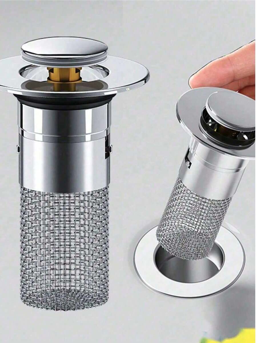 1pc Pop-Up Sink Drain, Stainless Steel Mesh + Chrome Plated Plastic Body, Fits Bathroom Basin Drain Catcher, Anti-Clogging, Confirm Size Compatibility Before Purchase, Suitable For 3.4-4.0cm Water Outlet Diameter