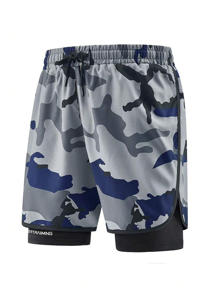 Athletic Streetwear Double-Layer Camouflage Print Unisex Shorts, Universal Sports Shorts For Running, Outdoor, And Gym, Lightweight Loose Fit Casual Pants