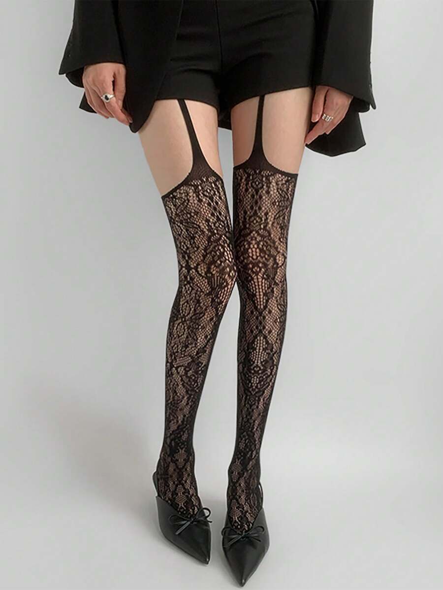 1 pieza Pantimedias de telaraña jacquard de estilo gótico oscuro Y2K, medias de red de portaligas para mujer, adecuado para ropa de calle y Halloween