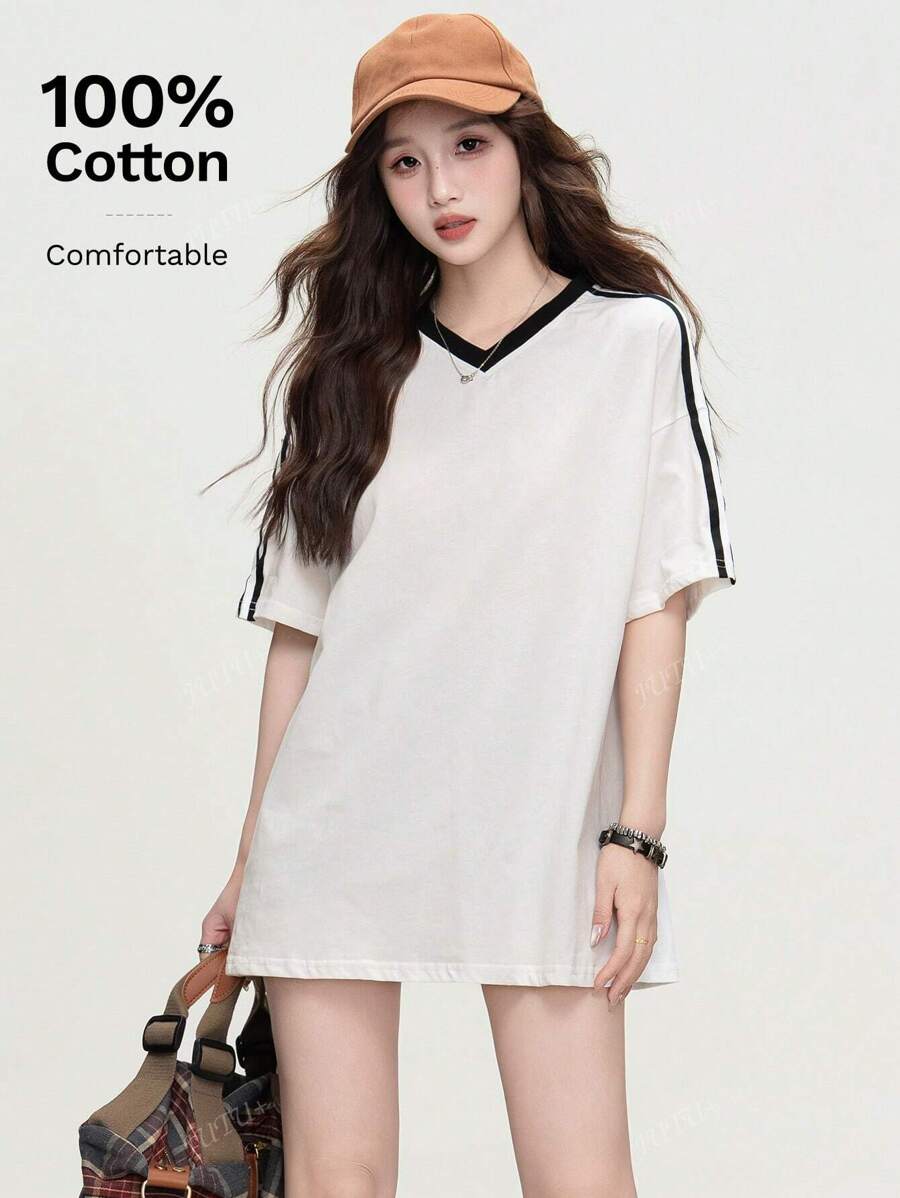 Fashionable Women Loose Casual T-Shirt With Raglan Sleeve And Striped Trim