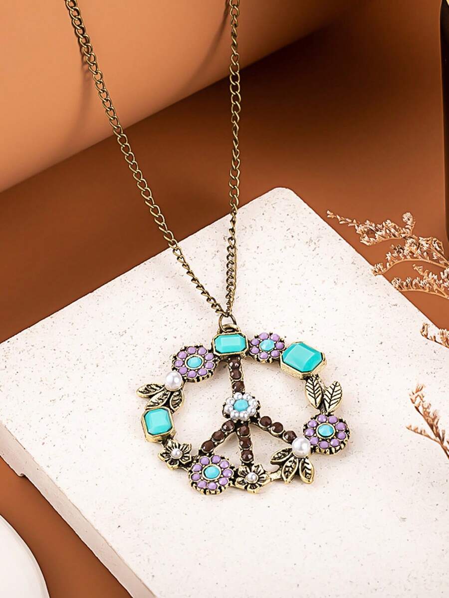 1 peça colar com pingente de folha e flor "Lucky" Wind anti-guerra personalizado retrô com pérolas e pedras preciosas incrustadas para mulheres