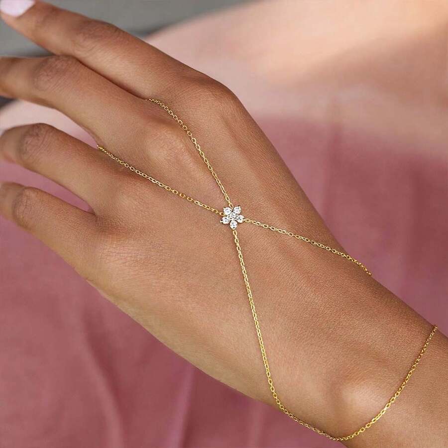 Pulseira de cristal dourado com flor, ajustável, estilo boêmio, com corrente, para mulheres, joia de noiva elegante e sofisticada, acessório versátil para o dia a dia, presente estilo praia