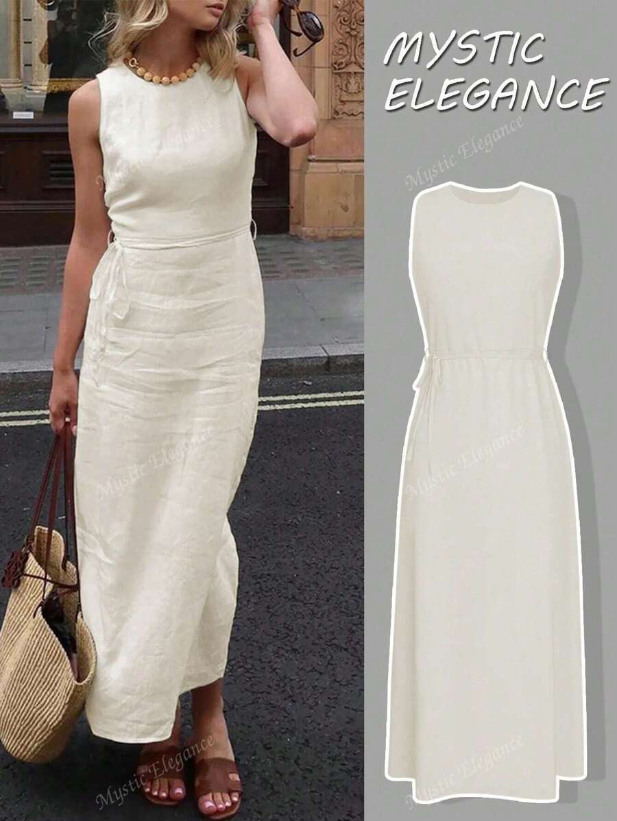 Women's Summer Thin Round Neck Solid Color Sleeveless Waist Belt Beach Leisure Vacation Sundress Simple Outdoor Women's Long Dress