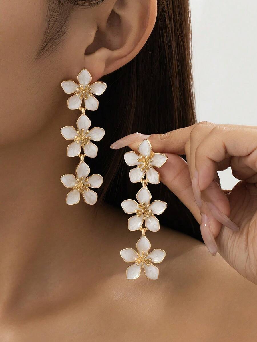 1 Pair Elegant Alloy Oily Flower Drop Earrings With Vintage Tassel, Long Earrings Suitable For Women For Beach & Vacation
