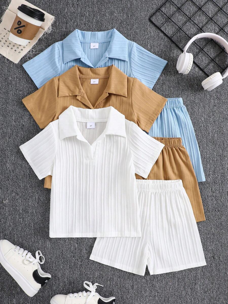 Set de 6 piese pentru băieți, costum de exterior casual, culoare solidă, confortabil, versatil, bluză și pantaloni scurți asortați, culoare solidă, primăvară/vară