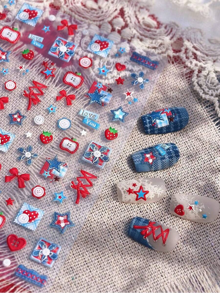Calcomanías de arte de uñas con temática de verano y estilo denim: moño, correa, fresa, coral, flor, pentágono - Suministros DIY para decorar uñas para mujeres
