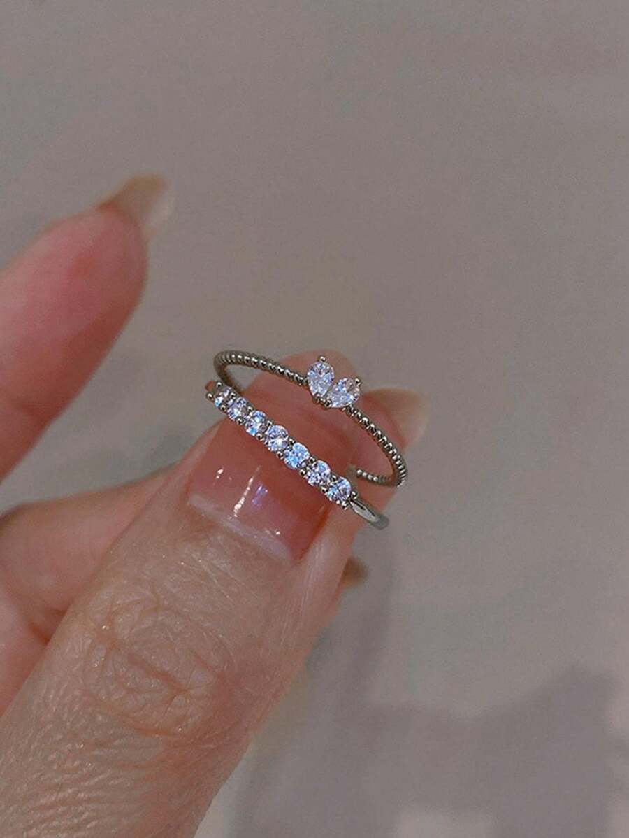 2 Peças/Conjunto Anel de Bracelete com Decoração de Coração de Cristal em Liga de Zinco Moda para Mulheres, para o Dia a Dia
