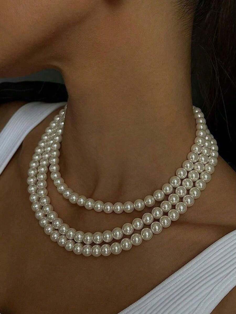 1pc Elegant Minimalist Design Faux Pearl Necklace, Vintage High-End Fashion Versatile 3-Layer Necklace, Suitable For Women For Daily Wear Or As A Gift