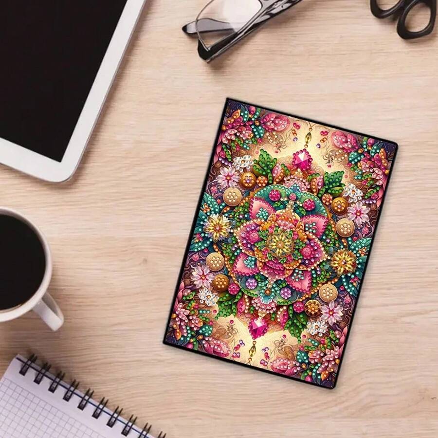 1 Conjunto Kit de Pintura de Diamante DIY - Decoração de Diamante de Flor de Mandala, Caderno de Couro Sintético Preto, Material Artesanal para Casa/Escritório/Escola, Presente Perfeito de Volta às Aulas ou Acessório de Mesa Criativo, Presente Artesanal Artesanal | Artesanato Único