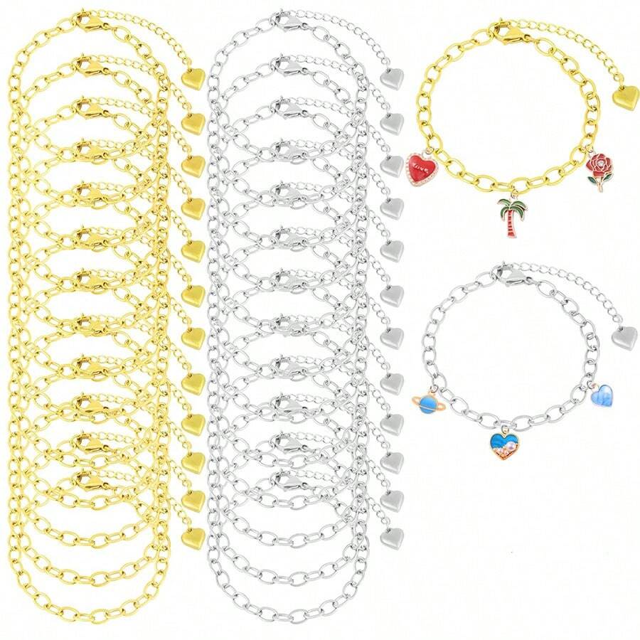 10pcs/Set Heart Shaped Pendant Chain Bracelet Suite, Stainless Steel Adjustable Jewelry Findings With Lobster Clasp, For DIY Jewelry Making