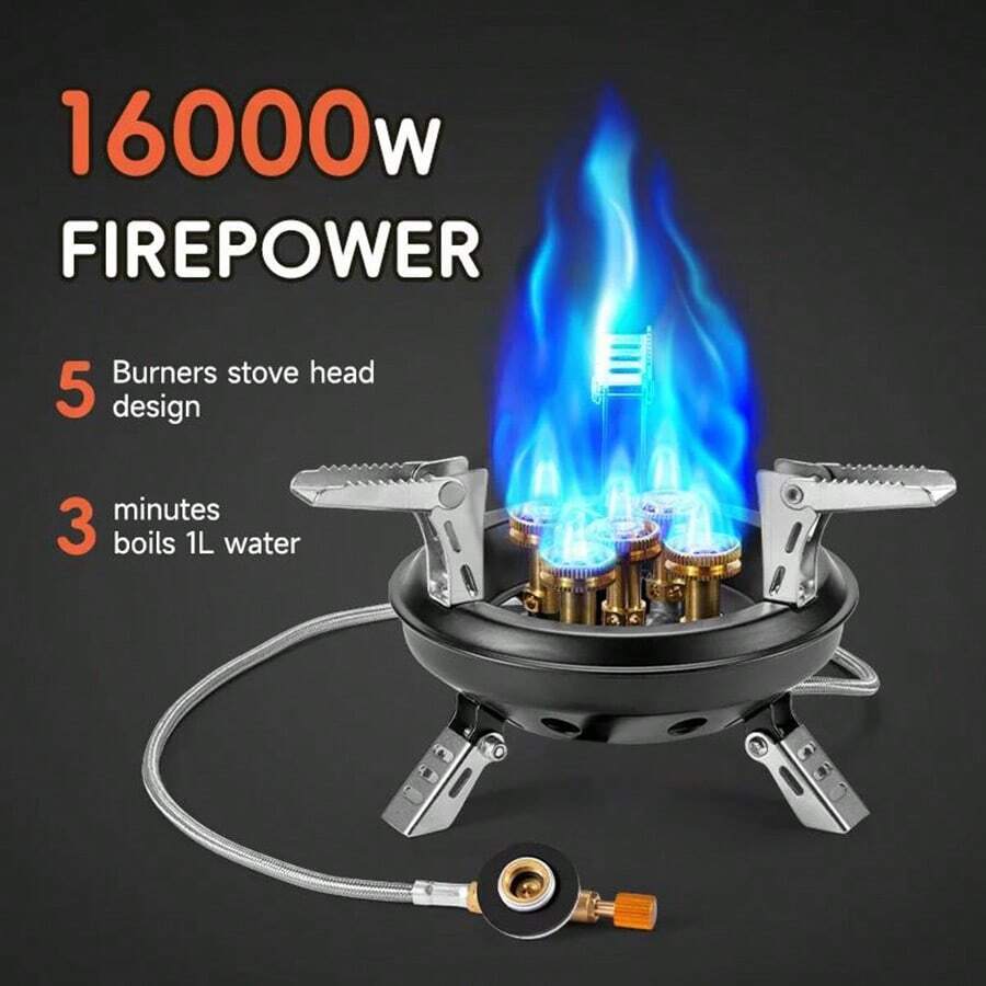 1 pièce, Multicolore, Réchaud à gaz de camping pour l'extérieur, Brûleur à gaz butane pliable et portable, Puissance élevée de 16 000 W, Réchaud à gaz pour pique-nique, Équipement de cuisine pour la randonnée et le tourisme, Fourneau de survie, Pêche, Fournitures de cuisine de camping, Avec accessoires