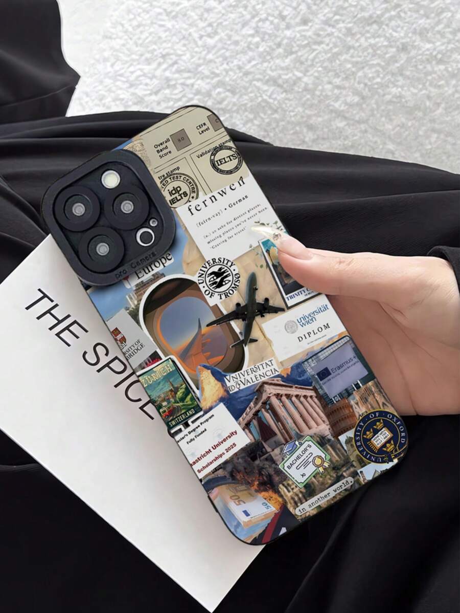 1pc Airplane Stamp Travel Landmark Design Black Phone Case, Fit For IPhone11 11Pro 11ProMax 12 12Pro 12ProMax 13 13Pro 13ProMax 14 14Pro 14Plus 14ProMax 15 15Pro 15Plus 16 16Pro 16ProMax 16Plus