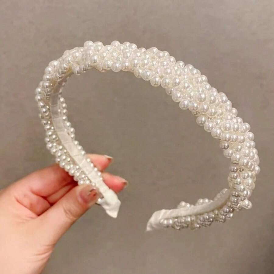 1pc Premium Handmade Pearl & Fishing Line Hair Hoop, Suitable For Weddings And Parties, Made Of ABS Plastic, Hair Band, Headbands