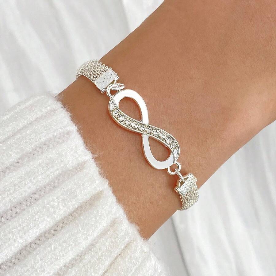 1pc Minimalist Rhinestone Infinity Eight Charm Silver Color Bracelet, Fashionable Jewelry Suitable For Daily Wear, Gift For Sisters, Mothers, Christmas, Carnival Party