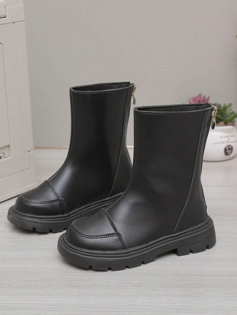 1 pereche de cizme simple până la jumătatea gambei pentru fete, piele PU moale de culoare uni, vârf rotund cu talpă groasă și fermoar antiderapant, cizme de cavaler casual la modă pentru purtare de zi cu zi, nou-venită toamnă/iarnă