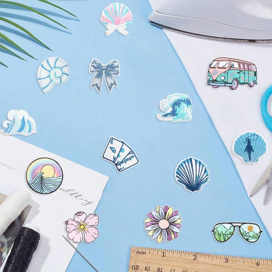 7/24 Stück gestickte Aufnäher Sommer Meereswellen Paradies zum Aufnähen/Aufbügeln Applikation für Kleidung, Kleider, Hüte, Jeans, DIY Accessoires