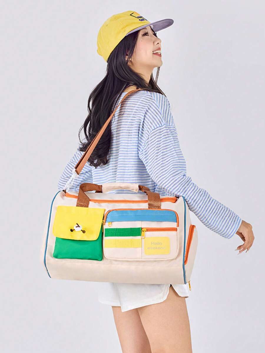 SHILAN A Set Of Fashionable And Casual Campus Style Travel Luggage, Lightweight, Foldable, Large Capacity, Front Multi Pocket Design With Contrasting Colors, And Equipped With Dry Wet Separation Straps And Item Straps. It Can Be Carried On One Shoulder Or Cross Body, And Can Also Be Equipped With A Portable Suitcase For Use. More Suitable For Students Facing The Start Of School.