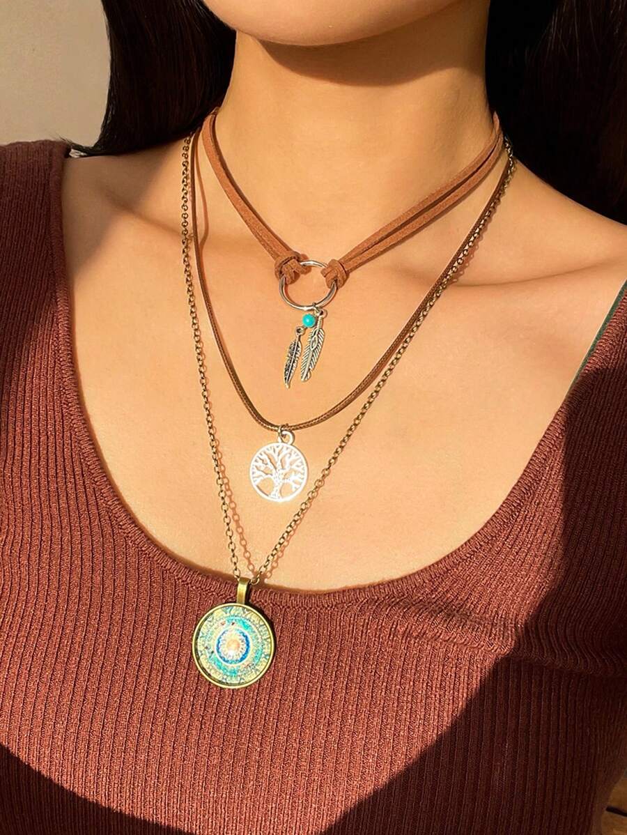 3 pièces/set Collier multicouche en alliage style vintage avec pendentifs arbre de vie, plume, étoile. Convient pour les femmes, à porter au quotidien ou en cadeau