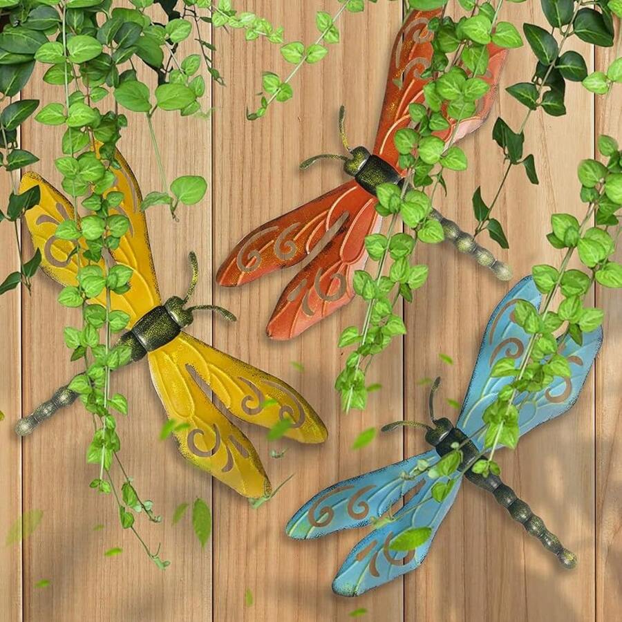 OBABA Metal Dragonfly Wall Decor, Outdoor Yard Art Fence Decor Garden Hanging Decorations For Patio, Indoor Home, Living Room, Bedroom,3 Pack (S)