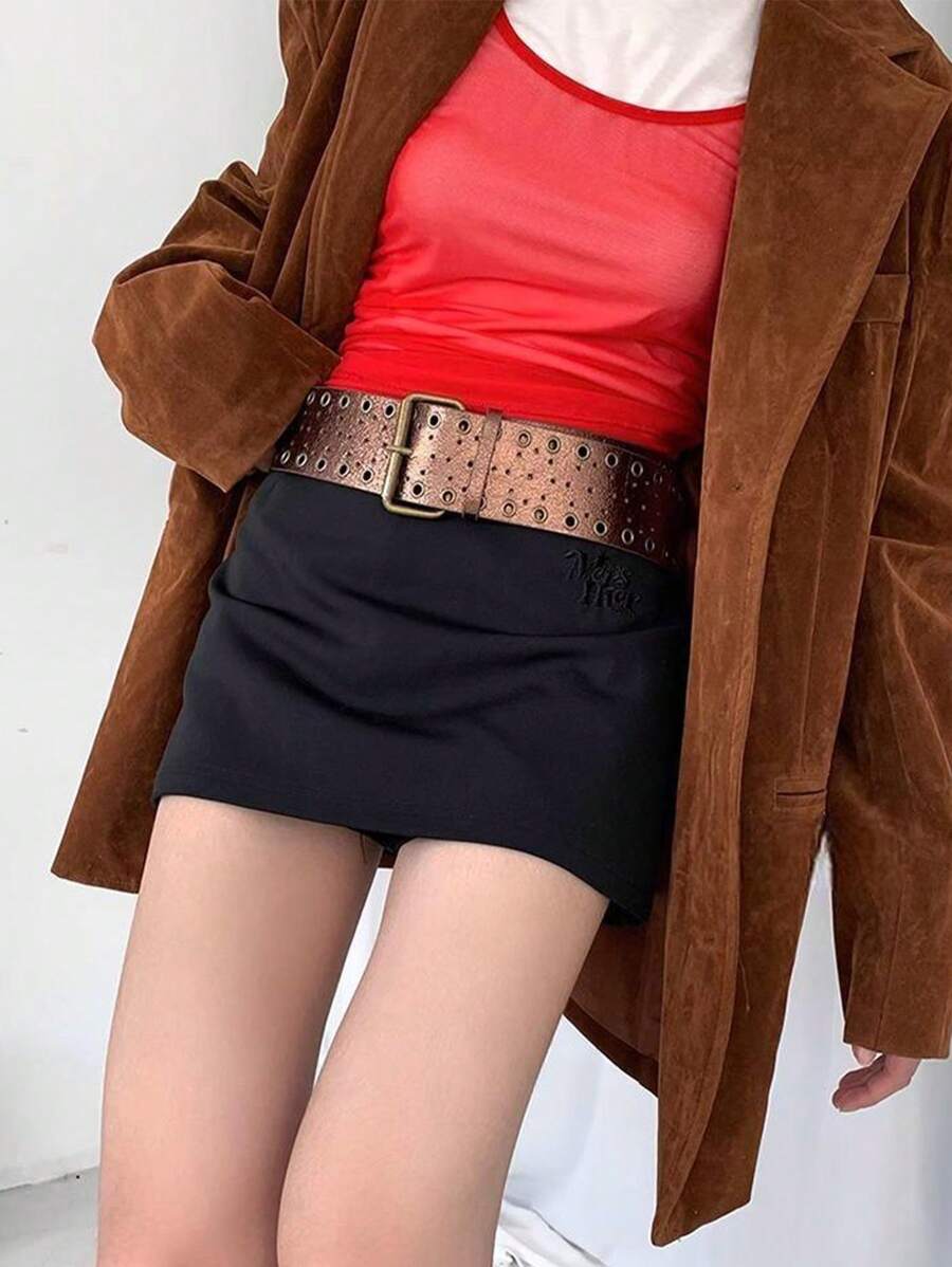 1pc Vintage American Western Style Coffee Brown PU Leather Material Casual Belt With Hollow Eyelets, Versatile