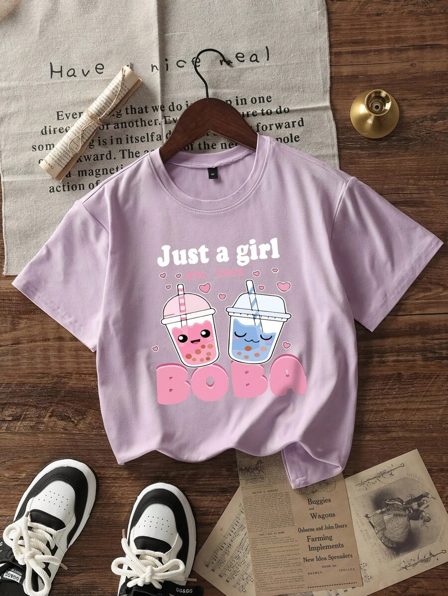 1pc Tween Girl Casual Printed Round Neck Short Sleeve T-Shirt, Summer