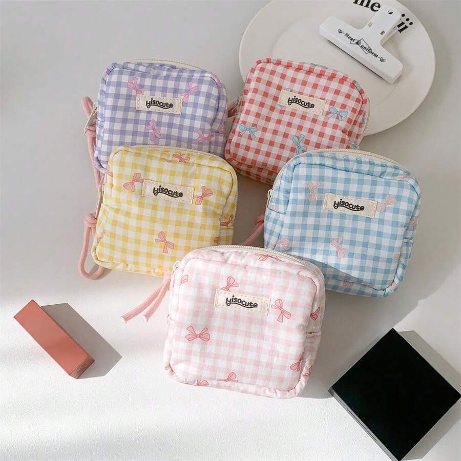 Korean Style Mini Plaid Cosmetic Bag, Minimalist Square Bluetooth Earphone Pouch, Lipstick Storage Organizer, Girls Makeup Bag