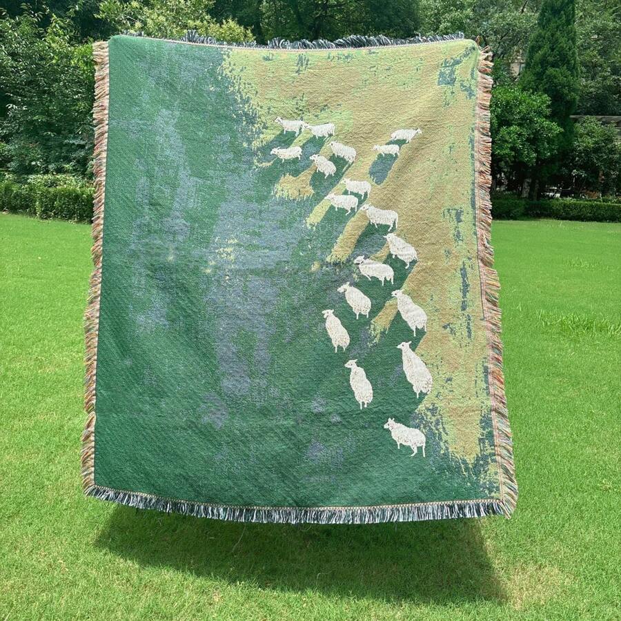 1pc Lamb Under The Sky Pattern Bohemian Tassel Jacquard Weave Blanket, Thick, Soft, No Printing, Washable, Easy Care, Colorfast, Suitable For Home Decor, Sofa, Chair, Bed, Wall Hanging, Tablecloth, Floor, Garden, Picnic, Outdoor Camping