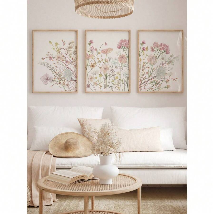 3 Pieces Wildflowers Canvas Print Pink Floral Canvas Painting Nordic Botanical Art Poster Minimalist Plant Wall Picture Girls Bedroom Wall Decor Living Room Office Apartment Wall Decor ,No Frame
