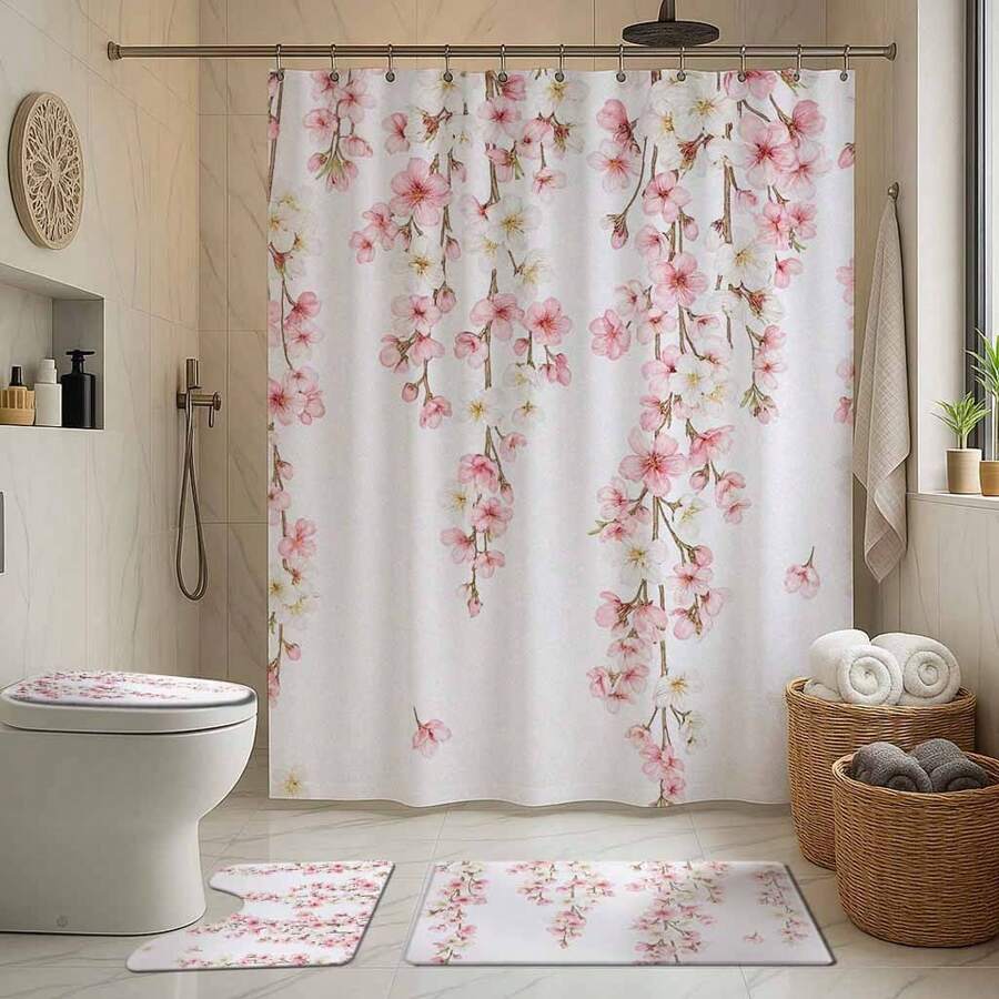 1/4 Piezas Juego de baño con Estampado de Flores de Cerezo que incluye Cortina de Baño, Alfombra de Baño, Alfombra en Forma de U para Inodoro, Cubierta para Tapa de Inodoro, Cortina de Ducha Impermeable, Cortina de Moda, Cortina Divisoria de Baño Moderna, Sin Necesidad de Perforar, Poliéster, Lavable a Máquina
