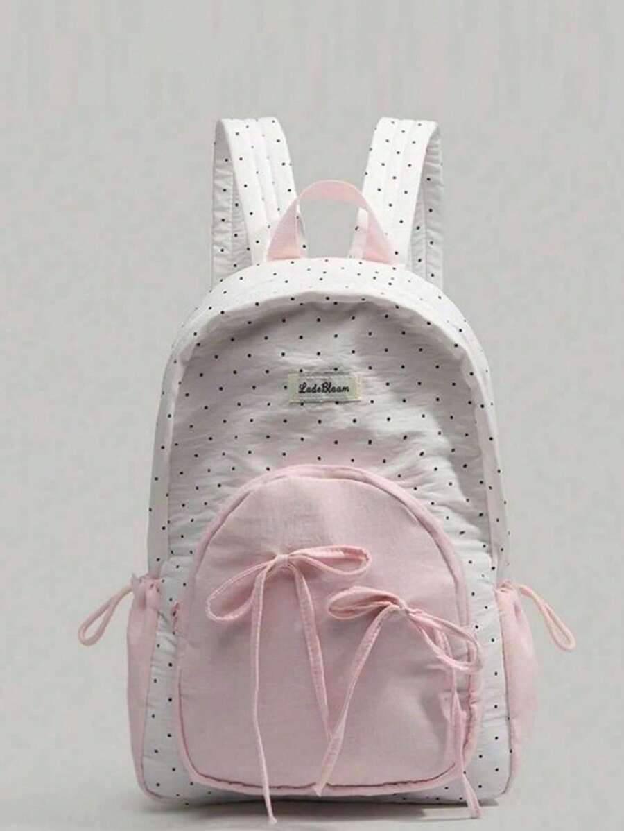 Mochila de estilo coreano para la escuela con patrón de lunares y lazo, para niña. Mochila femenina de color rosa suave, adecuada para la escuela secundaria y la universidad. Bolsa de viaje portátil.