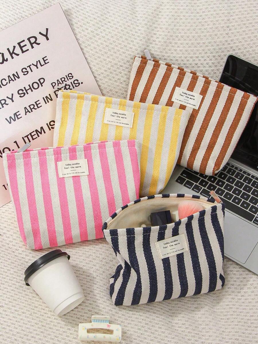 1 bolsa de maquillaje vertical de rayas frescas, bolsa de maquillaje minimalista de gran capacidad para llevar en la mano, bolsa de lona con cremallera y letras, bolsa de almacenamiento de maquillaje portátil, adecuada para viajes y uso diario