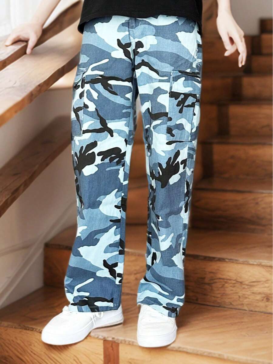 Tween Girls Camo Print Flap Pocket Cargo Pants, Vintage Loose Drawstring Straight Leg Jeans