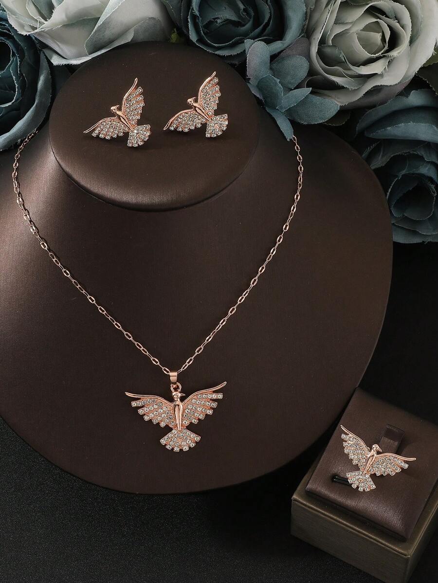 4pcs/Set Phoenix & Eagle Pendant Necklace, Earrings And Ring Jewelry Set For Women, Fashion Jewelry Gift