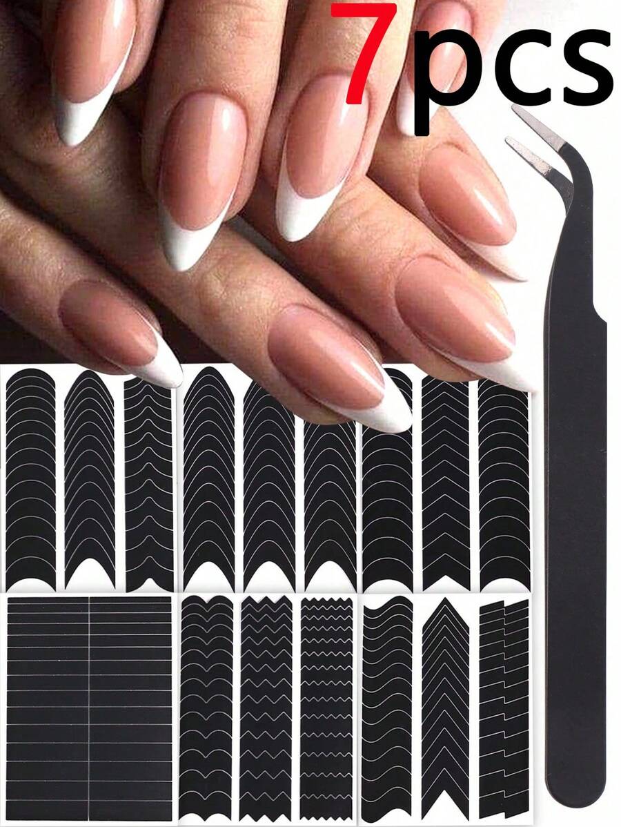 Set de 7/6/1 pieza de lima de uñas con guías para puntas de uñas, puntillas de uñas con diseño ondulado, set de pinzas y plantillas para decoración de uñas