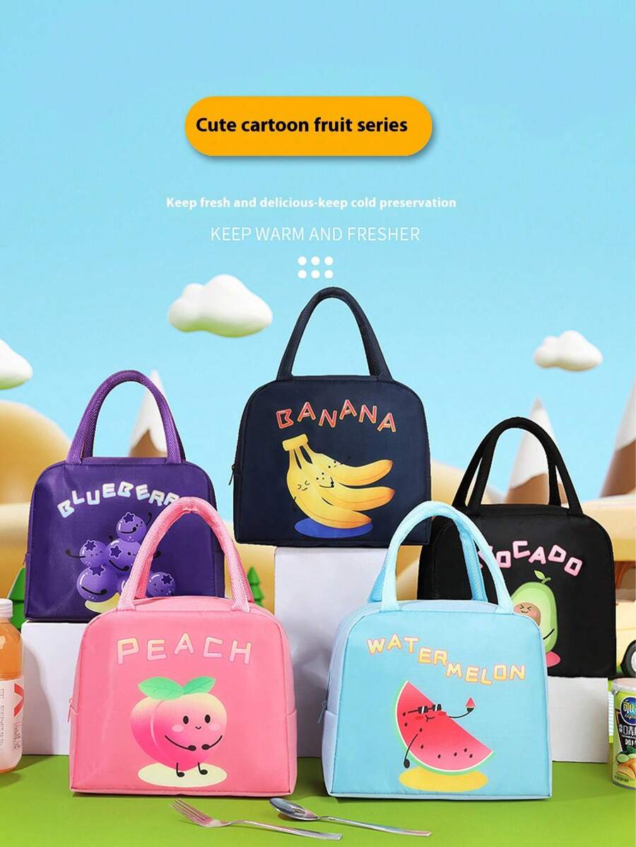 1pc Student Fruit Pattern Cartoon Lunch Box Bag, Durable Oxford Cloth, Easy To Clean, Hands Can Keep Warm And Cold Proof, Suitable For Carrying And Storing In Schools, Offices, And Outings - Outdoor Travel - Back To School Season