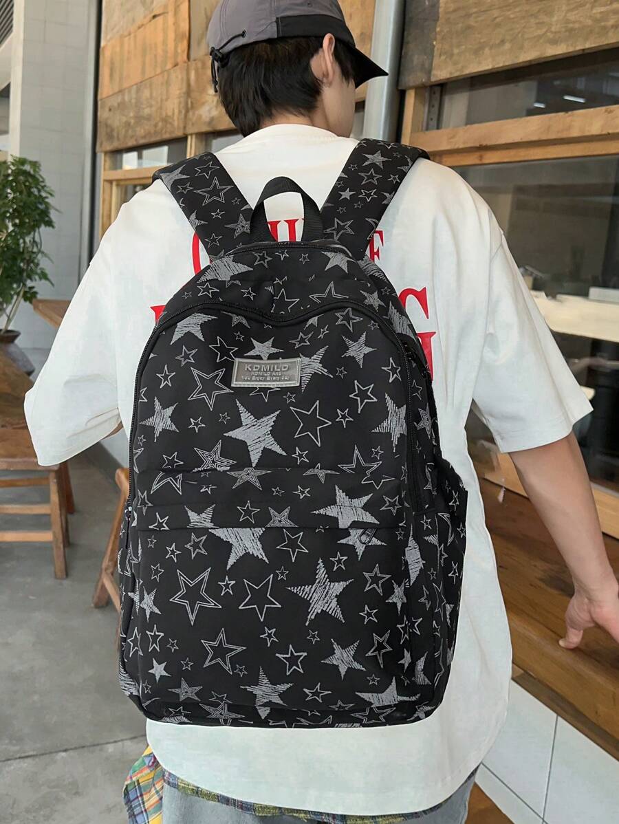 Large Capacity Water Resistant Reflective Star Print Multi-Pocket Functional Backpack, Unisex Casual College Style Student Backpack For School, Study, Shopping, Travel, Back To School Season