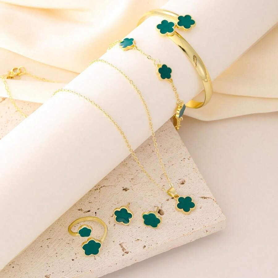1 Set Of Fashionable Classic Lucky Green Petal Design Bracelet Necklace Earring Set