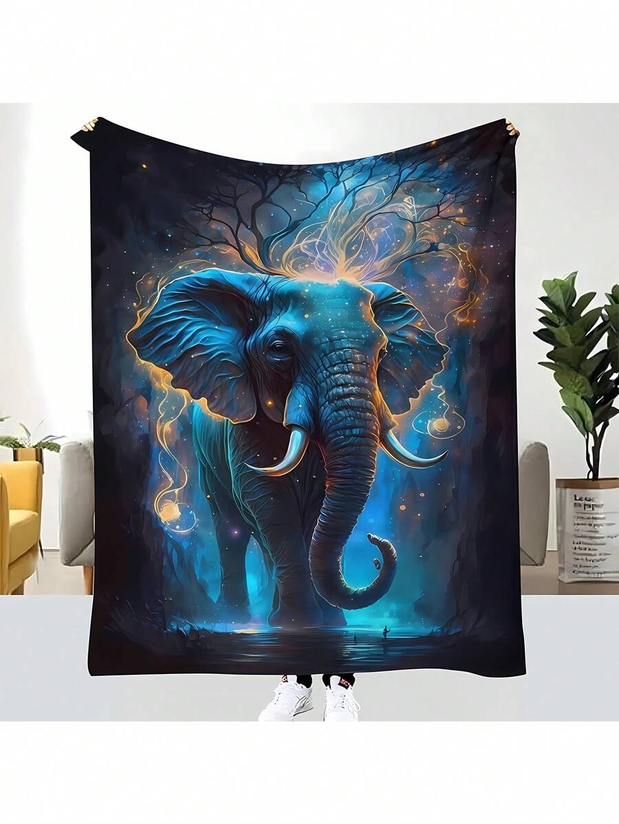 1pc Luxury Tropical Elephant Printed Polyester Fleece Blanket - Cozy All Season Throw Blanket, Vibrant & Mystical Elephant Design Simple Style Flannel Blanket, Suitable For Room Decor, Home, Picnics & Travel. A Plush Blanket And Wrap Gift For Family, Friends And Self, Ideal Gift For Birthday, Holiday, All Seasons.