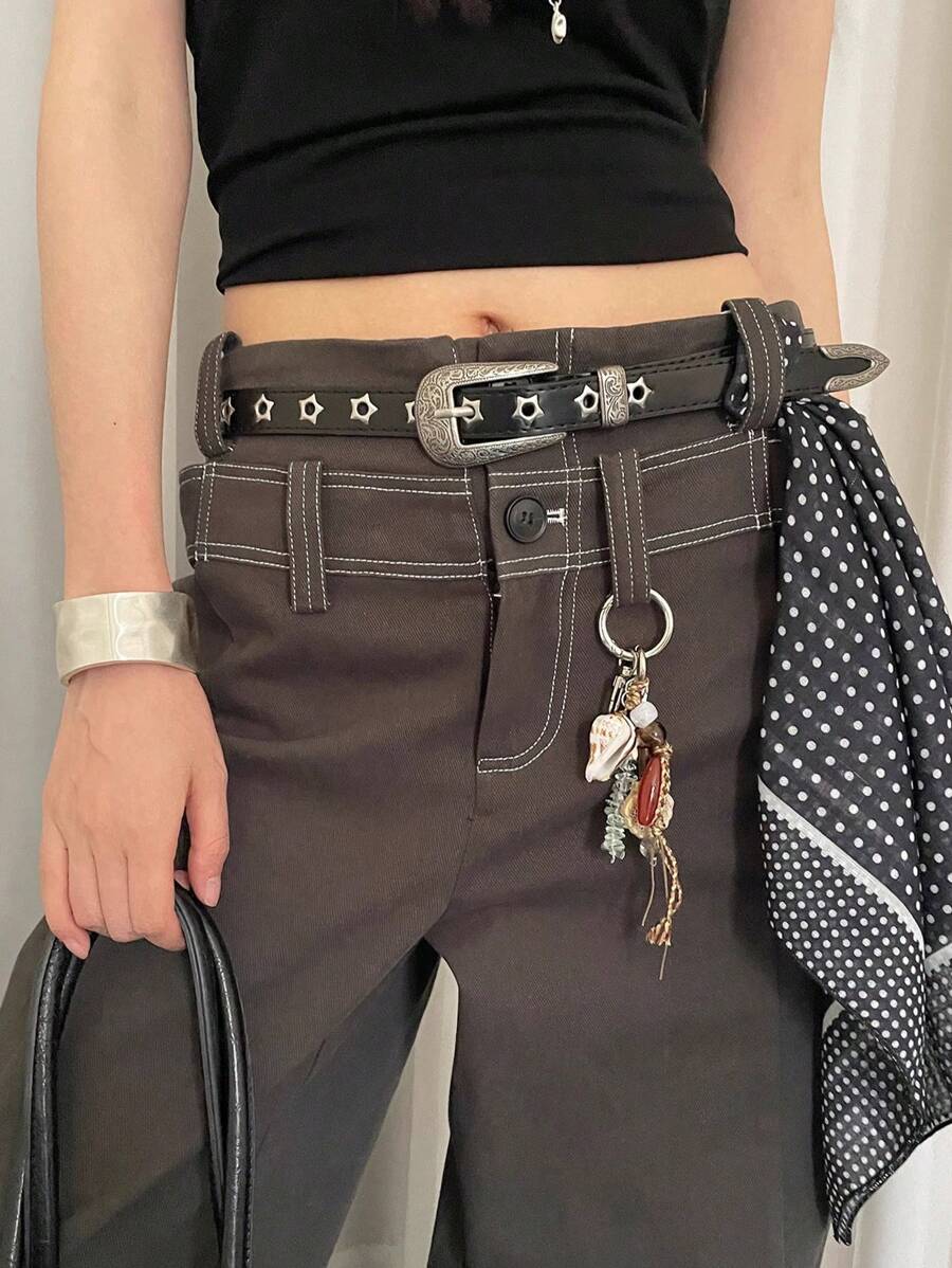 1pc Women's Black PU Leather Minimalist Engraved Metal Buckle Star Cutout Decor Casual Office Belt