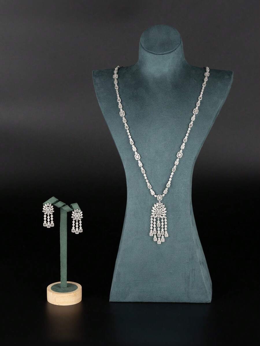 1 Set Luxurious & Elegant Cubic Zirconia Encrusted Pendant Jewelry Set, Including 1 Pair Earrings & 1 Necklace, Suitable For Women's Wedding Party Wear, Does Not Include Gift Box