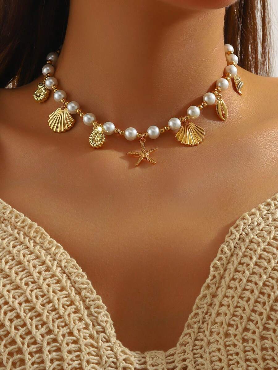 1 pieza Collar colgante con estilo oceánico, Collar gargantilla de perlas falsas de moda adecuado para uso diario, playa, viajes, fotografía