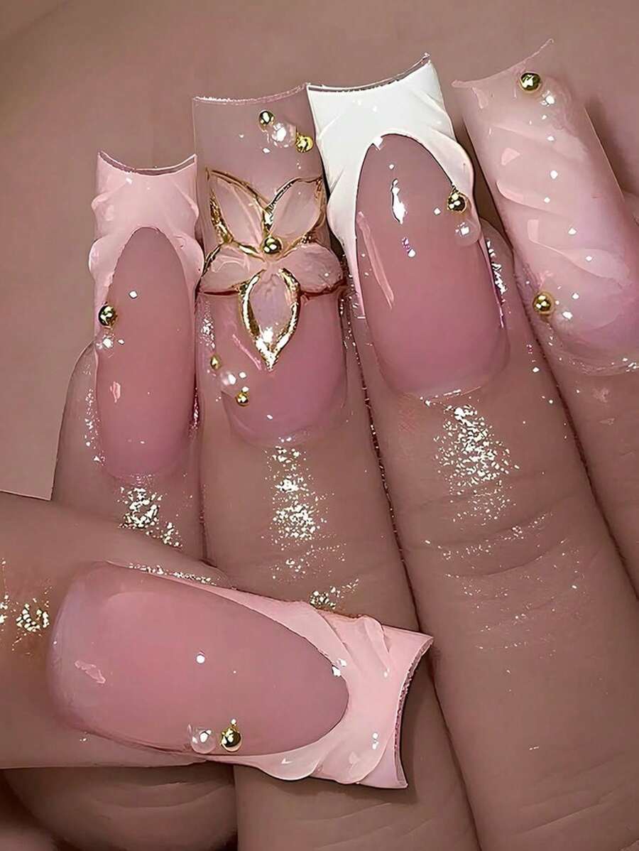 24pcs French White Fake Nails French Pink Nails Press On 3D Floral Press On Nails Long Medium Press On Nails Square Shape Nails Art Manicure Set Includes 1sheet Adhesive Tabs & 1pc Mini File Perfect For Everyday Wvear